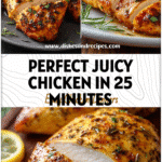 Juicy oven grilled chicken breast sliced on a plate with herbs and lemon.